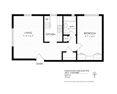 Floor plan for 1 bed, 1 bath, 575 sqft